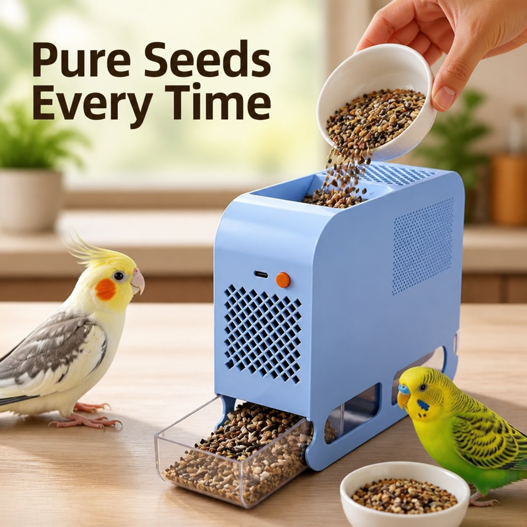 BreezeCrack™ Séparateur Électrique de Graines — Des Graines Pures et Sans Désordre Qui Gardent Vos Oiseaux Heureux et en Bonne Santé