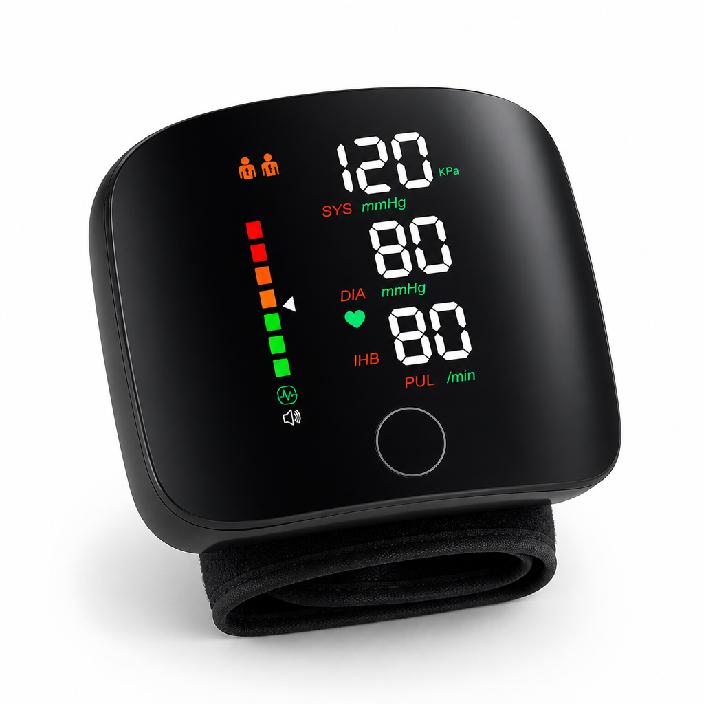 Moniteur de pression artérielle au poignet rechargeable avec LED rétroéclairée et guidage vocal (mémoire pour 2 utilisateurs)