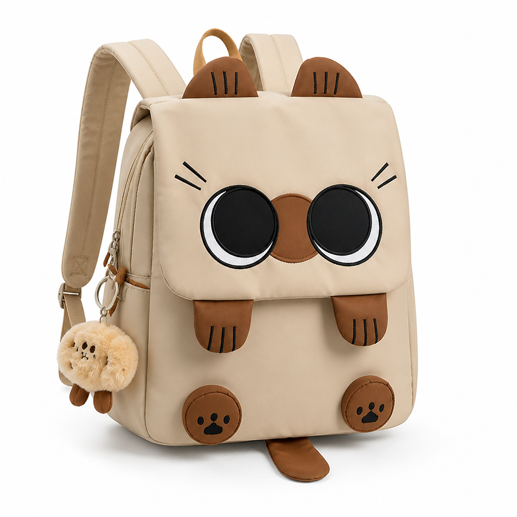 Sac à dos en nylon cartoon chat à grande capacité (lavable en machine)