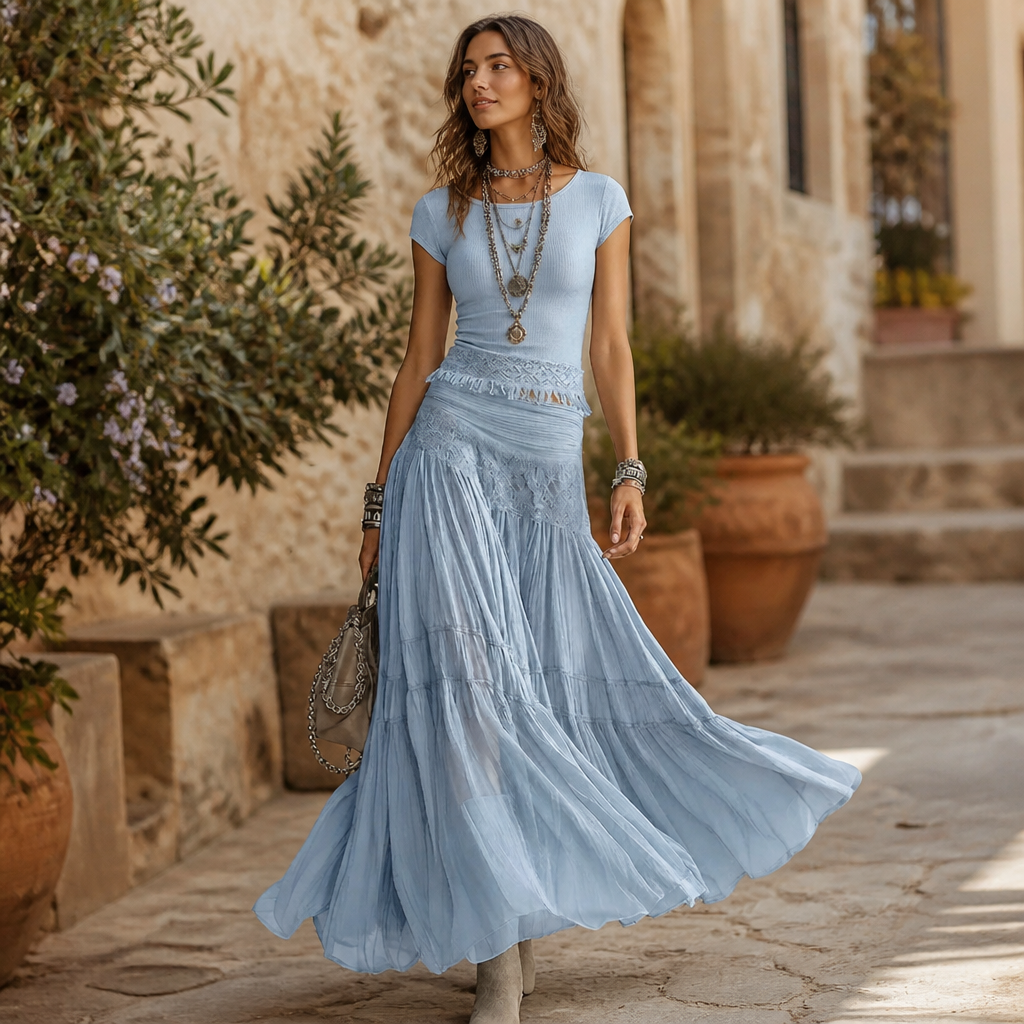 LumaSeren™ – Ensemble Boho en Deux Pièces avec Jupe Maxi à Volants en Dentelle