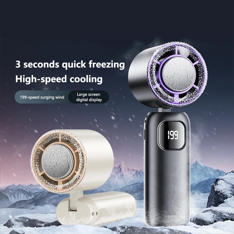 FrostTurbo Ventilateur à main avec fonction de refroidissement par glace | 199 niveaux réglables | Affichage numérique LED | Portable pour usage à la main et sur table | Batterie rechargeable USB | Idéal pour les voyages et à la maison