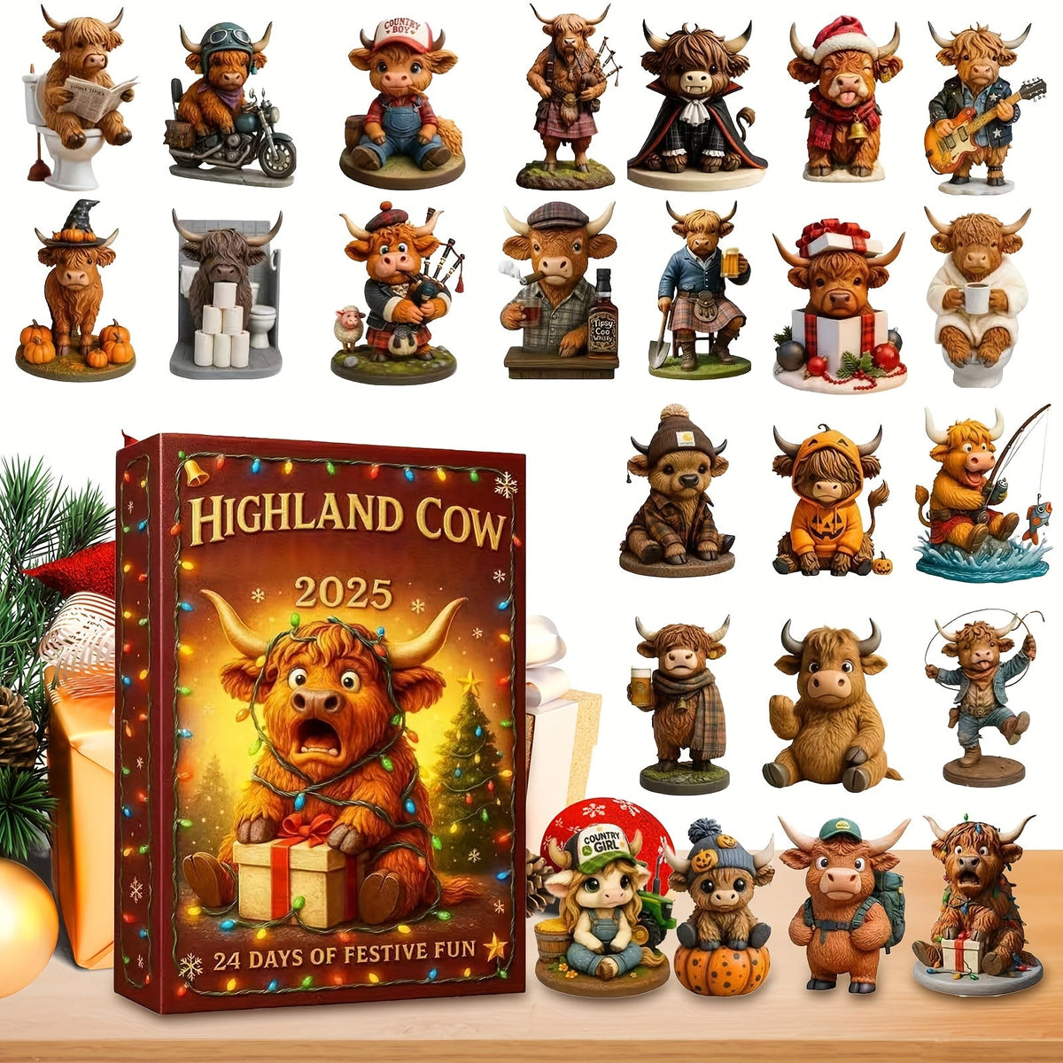 HighlandJoy | Calendrier de l'Avent 3D Vache des Highlands 2025 Expérience de Noël Unique 24 Figurines