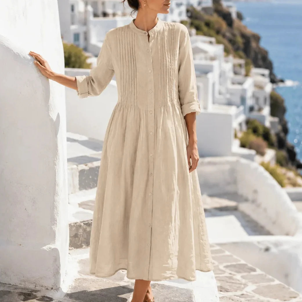 Costera – Robe Chemise Flottante à Pliures, Aspect Lin, Longueur Midi