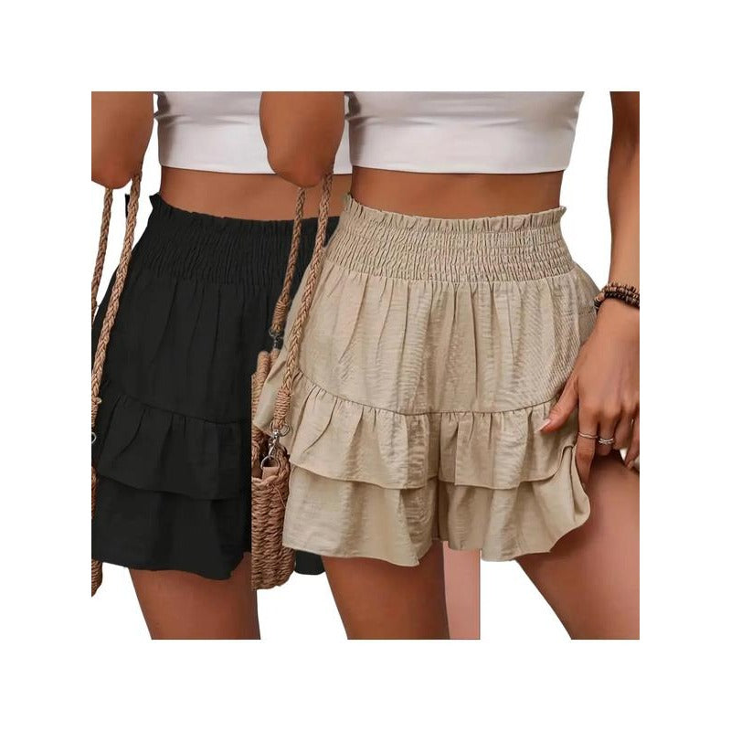 Shorts à volants smockés taille haute – Bas de lounge léger à double couche