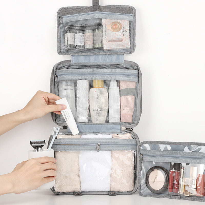 Travelique Organisateur de Voyage pour Cosmétiques | Compact & Résistant à l'eau | Avec 4 Compartiments & Crochet à 360° | Pour Femmes & Hommes