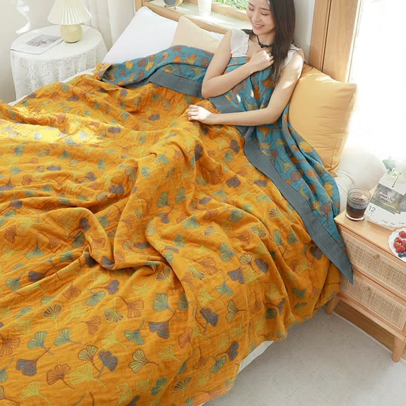 Couverture en Coton Imprimé Ginkgo 200x230 Jaune Bleu Couette Réversible Plaid Double Décoration de Chambre | Sansoti