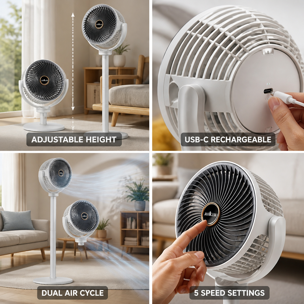 Ventilateur de sol à hauteur réglable à double tête (rechargeable par USB-C)