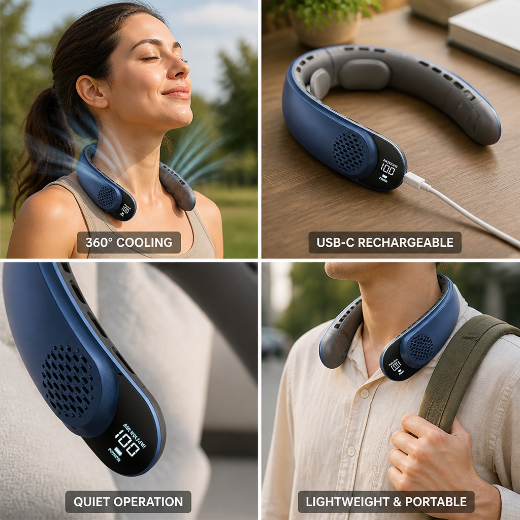 Ventilateur de Cou Rechargeable USB-C à Refroidissement 360°
