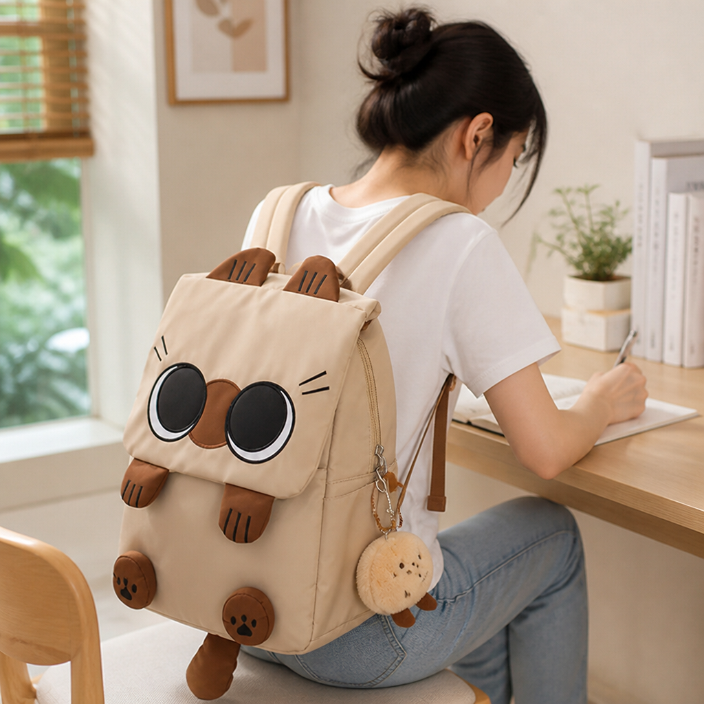 Sac à dos en nylon cartoon chat à grande capacité (lavable en machine)