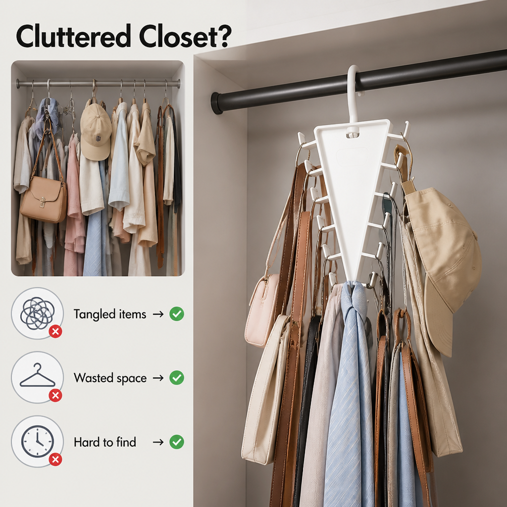 ClariSpace™ Porte-Cintre Triangulaire Rotatif — Débloquez un Calme Instantané dans Votre Placard et un Accès Sans Effort Chaque Jour