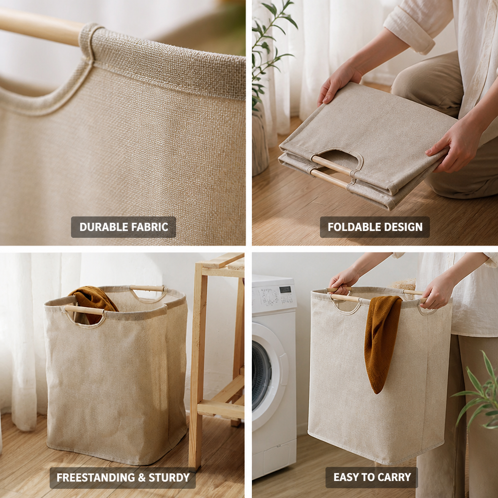 Panier à linge pliable en coton-lin gain de place