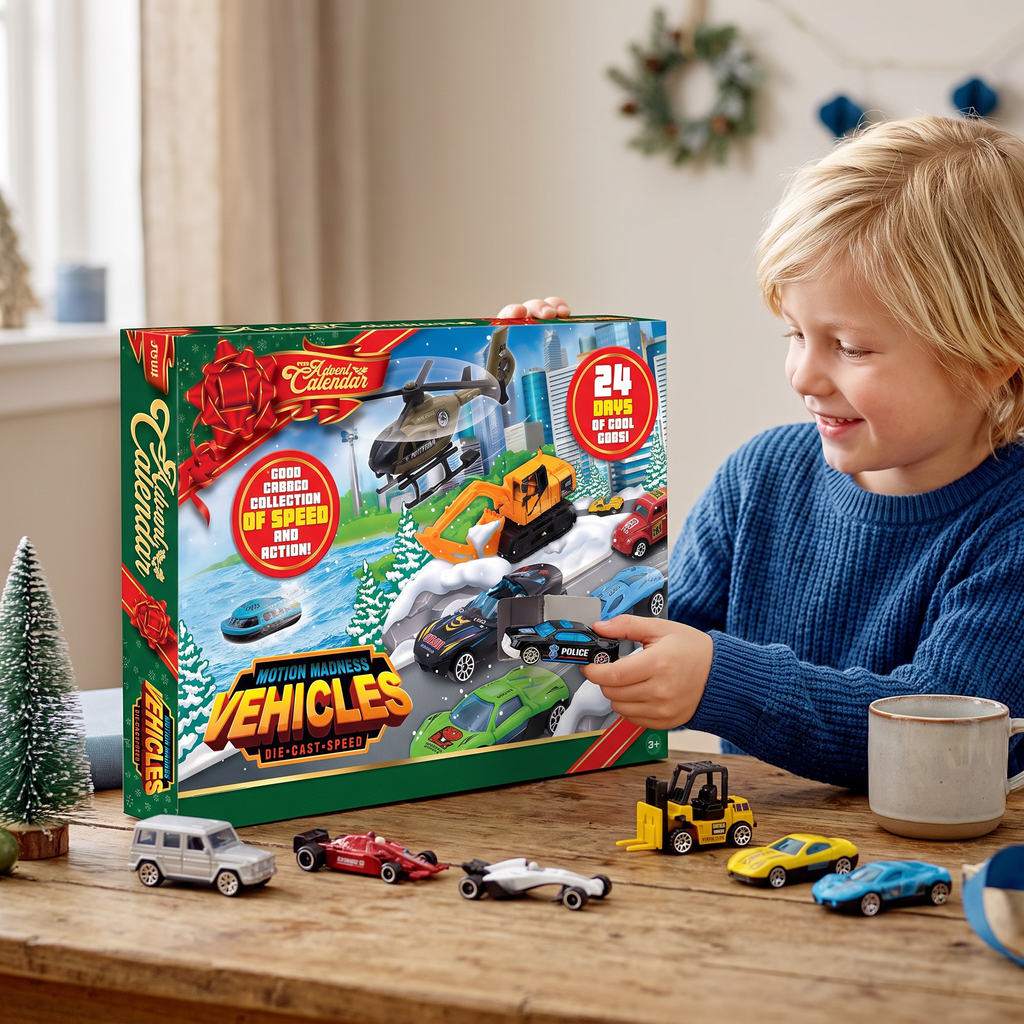 Calendrier de l'Avent de Noël avec des voitures en fonte pour enfants