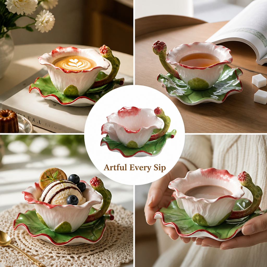 Celestora™ Ensemble de Tasses en Céramique Florales 3D — Élevez Chaque Gorgée en un Rituel Éblouissant
