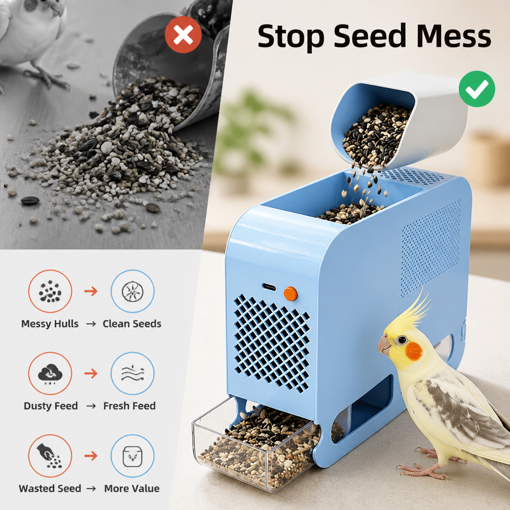 BreezeCrack™ Séparateur Électrique de Graines — Des Graines Pures et Sans Désordre Qui Gardent Vos Oiseaux Heureux et en Bonne Santé