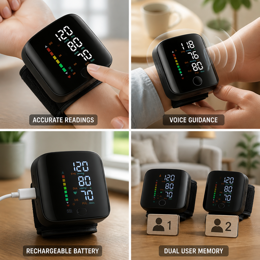 Moniteur de pression artérielle au poignet rechargeable avec LED rétroéclairée et guidage vocal (mémoire pour 2 utilisateurs)