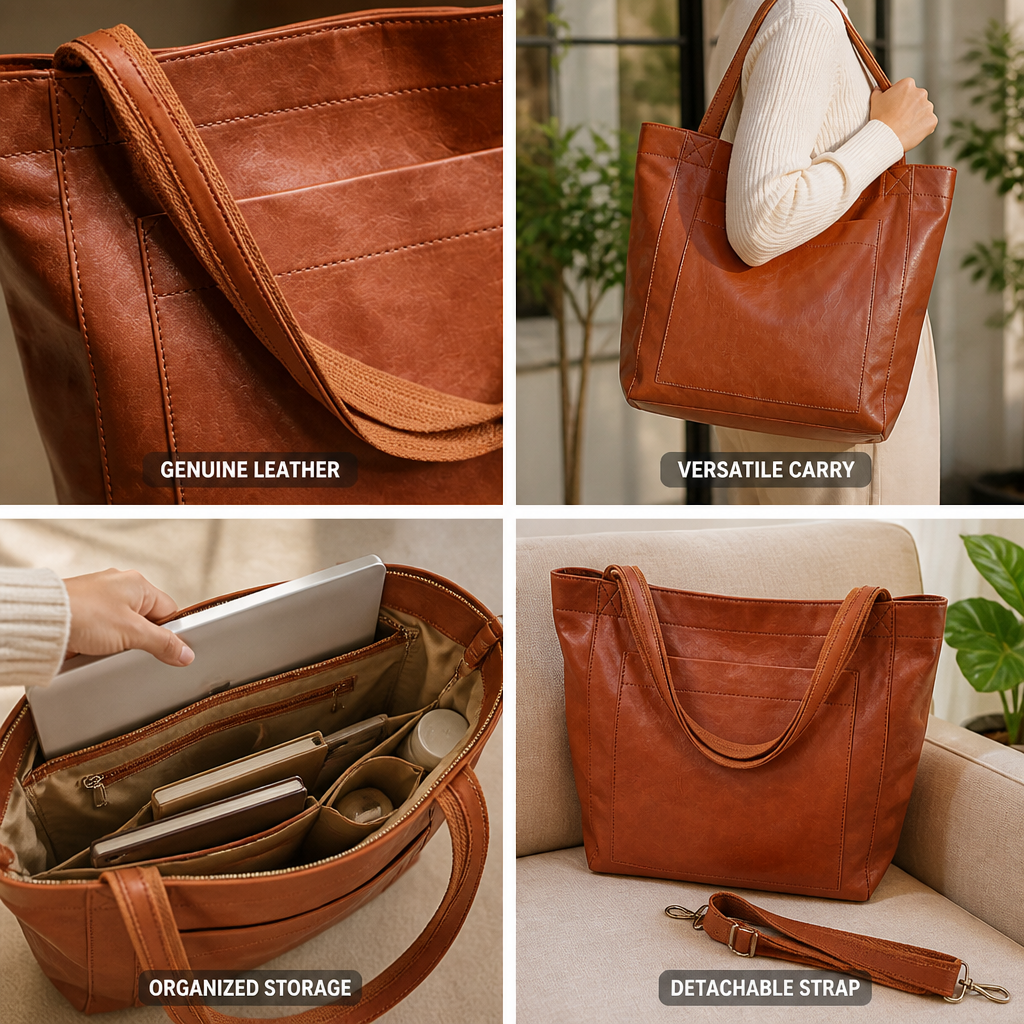 Sac fourre-tout structuré en cuir véritable (avec bandoulière détachable)