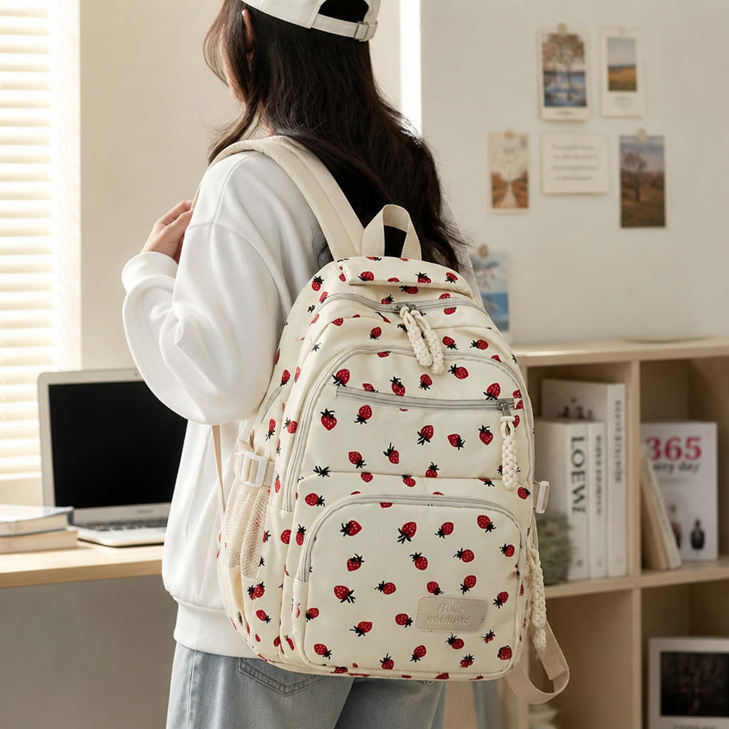 Sac à dos grande capacité imprimé fraise