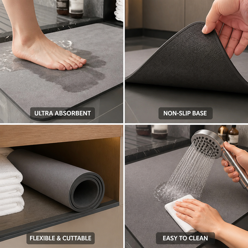 Tapis de Bain en Diatomite Ultra-Absorbant et à Séchage Rapide (Base Antidérapante)