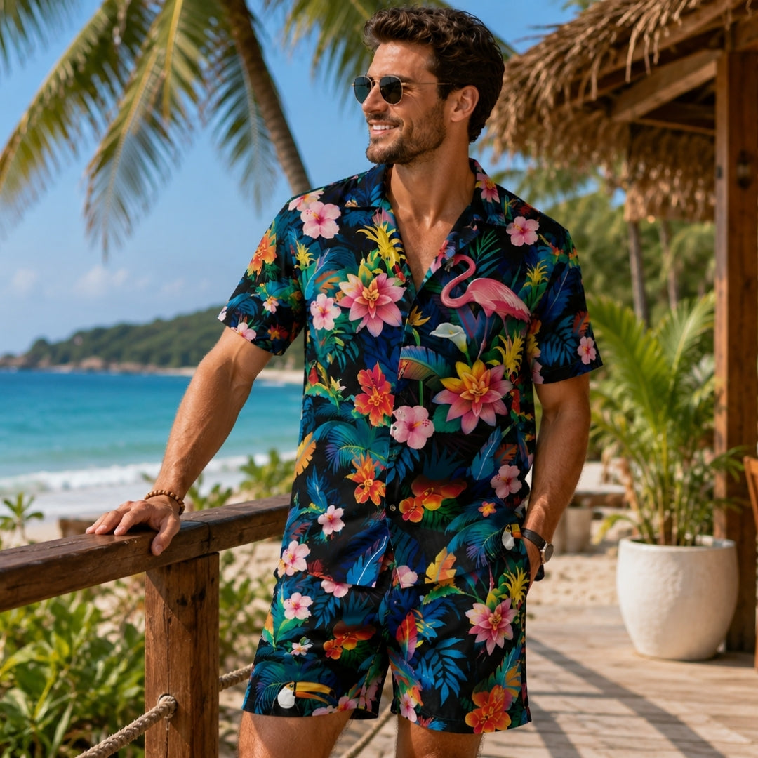 Ensemble de Vêtements d'Été - Tenue à Deux Pièces avec Imprimé Flamant