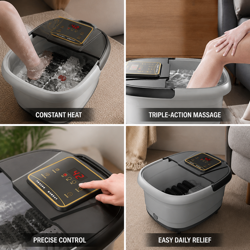 Bain de Pieds Chauffant à Triple Action (Rouleurs, Bulles & Infrarouge)