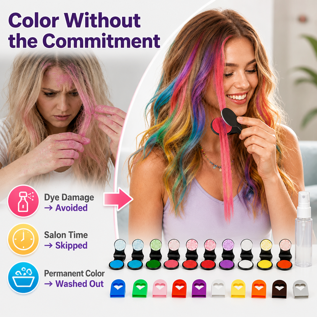 Set de Craies Capillaires Temporaires de 12 Couleurs de VivaBurst™ — Libérez des Looks Électriques Qui S'effacent Quand Vous Dites Au Revoir