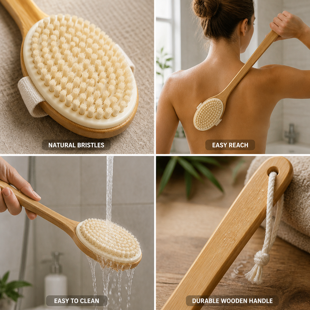 Brosse de gommage pour le dos en poils de sanglier naturels et long manche en bois