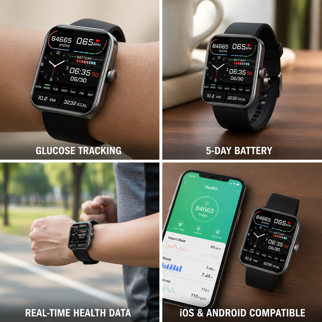 Suivi de Glucose Non-Invasif & Montre Intelligente avec Batterie de 5 Jours