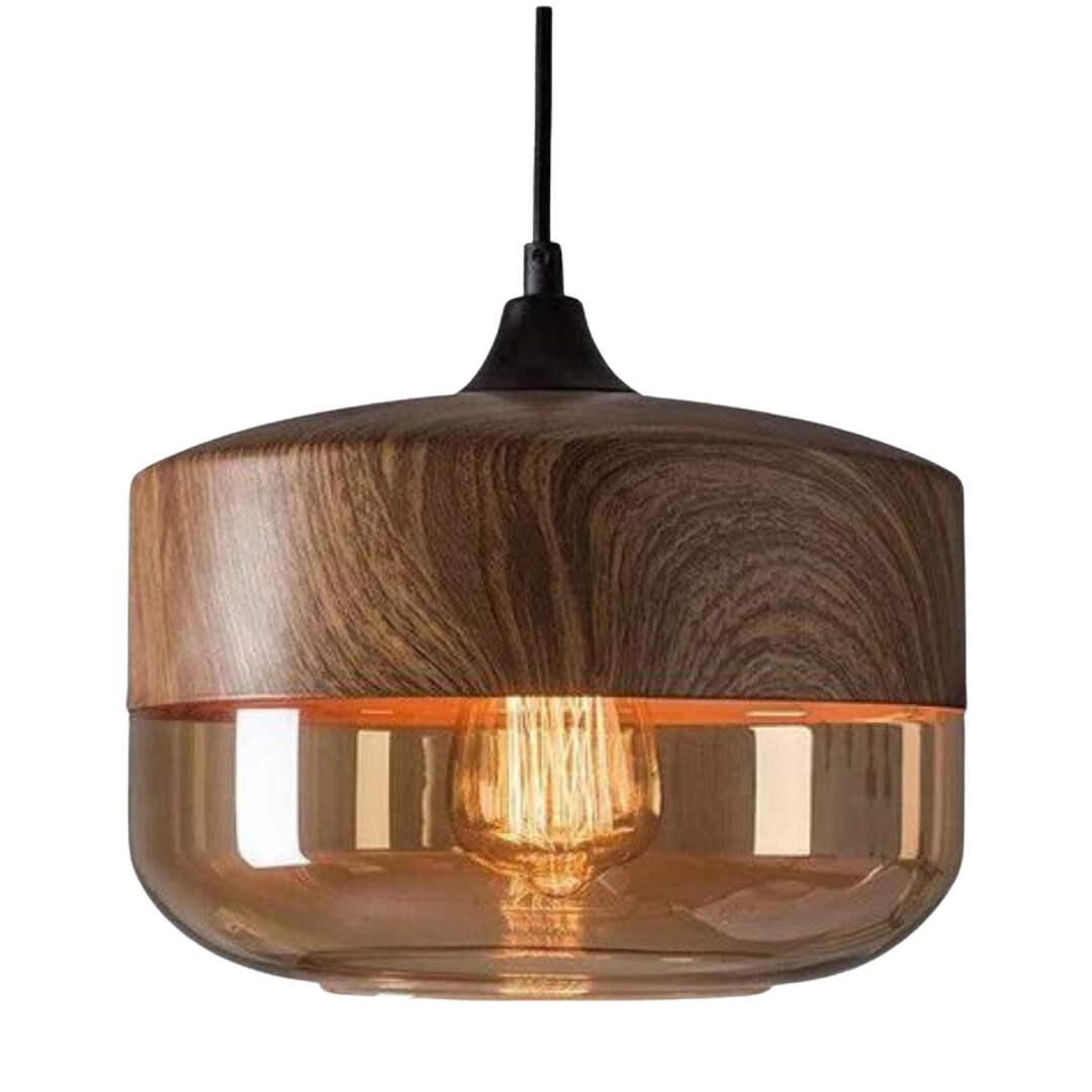 Suspension Scandinave en Verre avec Finition Bois – Éclairage Design Chaud pour Salon & Salle à Manger | Sansoti