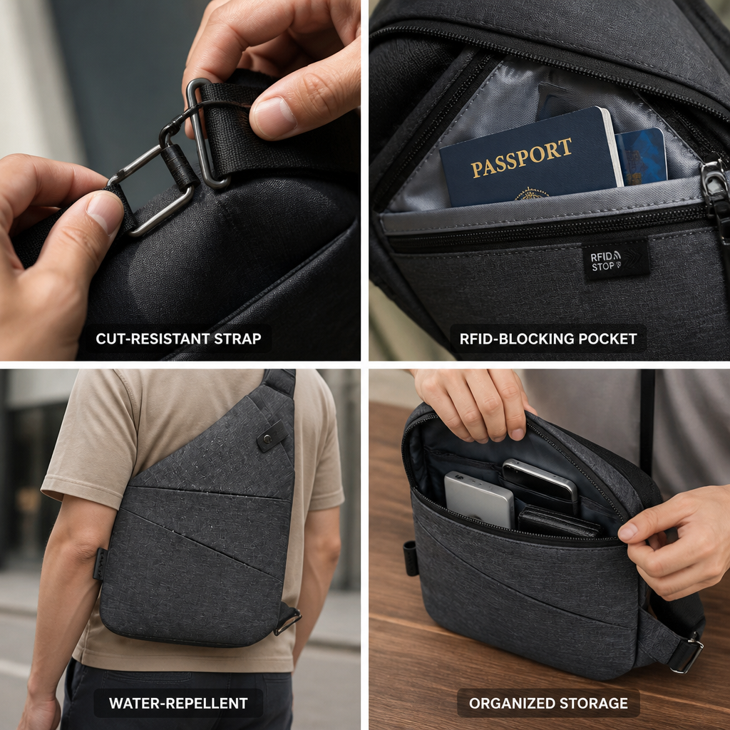 Sac bandoulière résistant aux coupures et poche anti-RFID