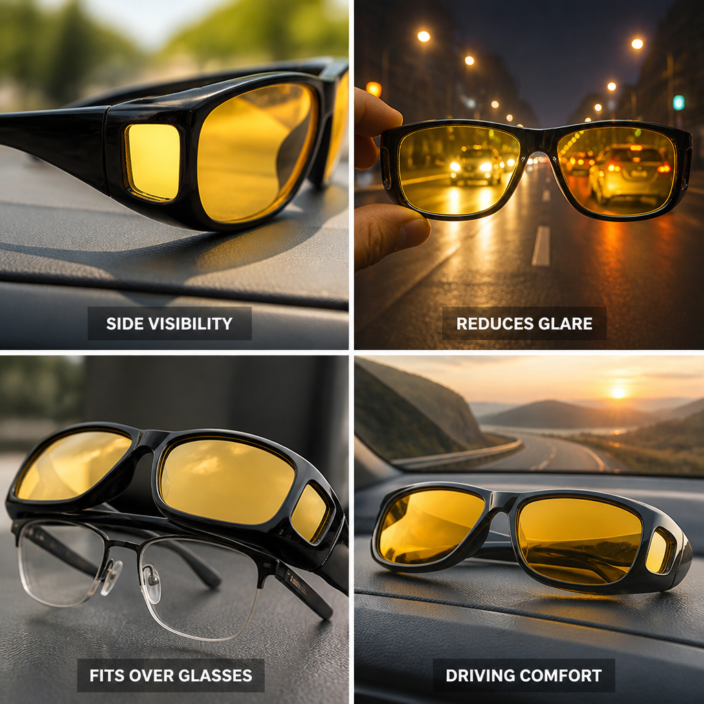 Lunettes de conduite nocturne anti-éblouissement jaunes (se portent par-dessus les lunettes)