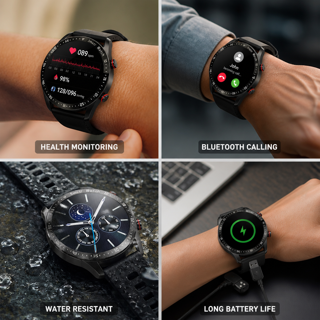 Montre Connectée avec Suivi de Santé & Bluetooth (Résistante à l'Eau IP67)