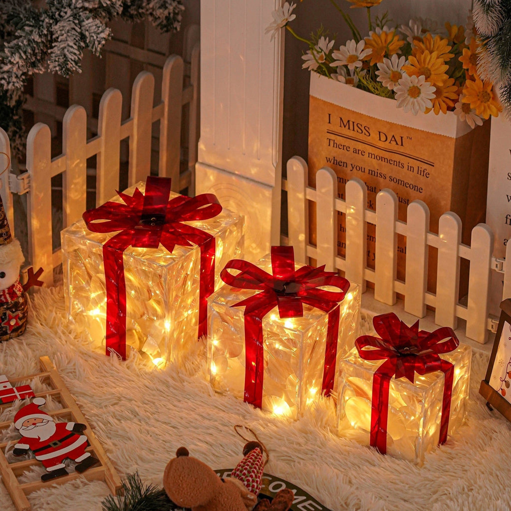 Éclairage de Noël LED – Ensemble de 3 Boîtes Cadeaux Illuminées pour Intérieur & Extérieur