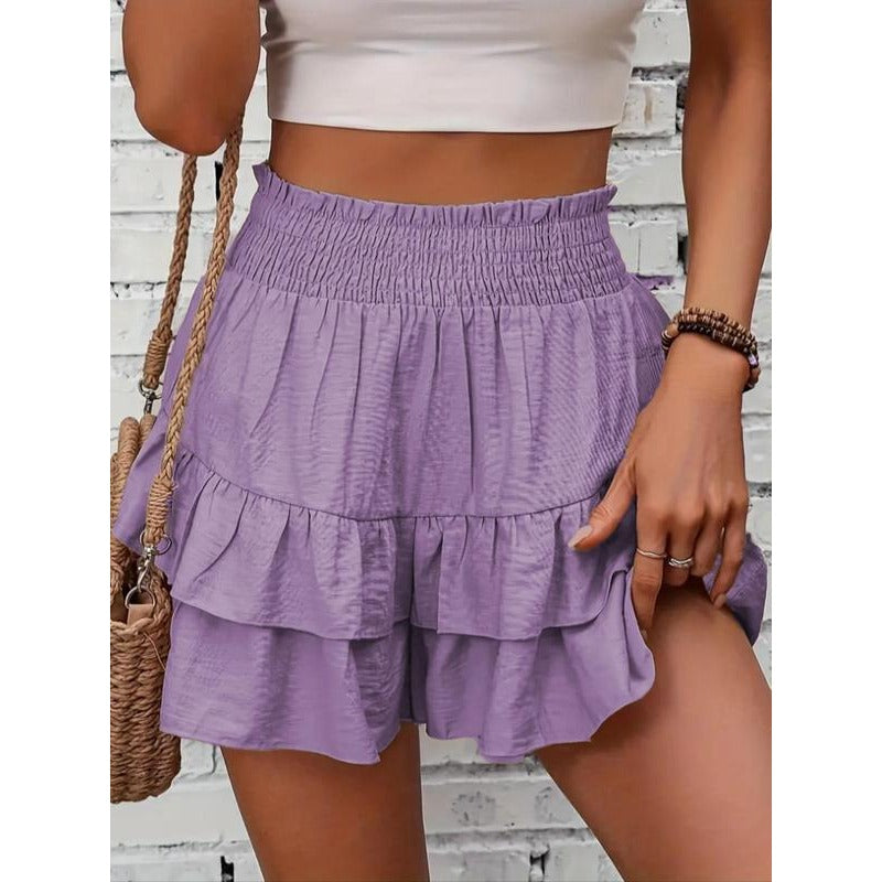 Shorts à volants smockés taille haute – Bas de lounge léger à double couche