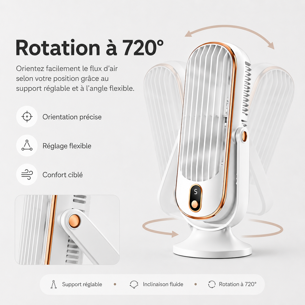 Ventilateur de Refroidissement AeroLux Elite | Double Moteur, Rotation à 720°, Rechargeable par USB & Ultra Silencieux pour un Confort Ultime Partout
