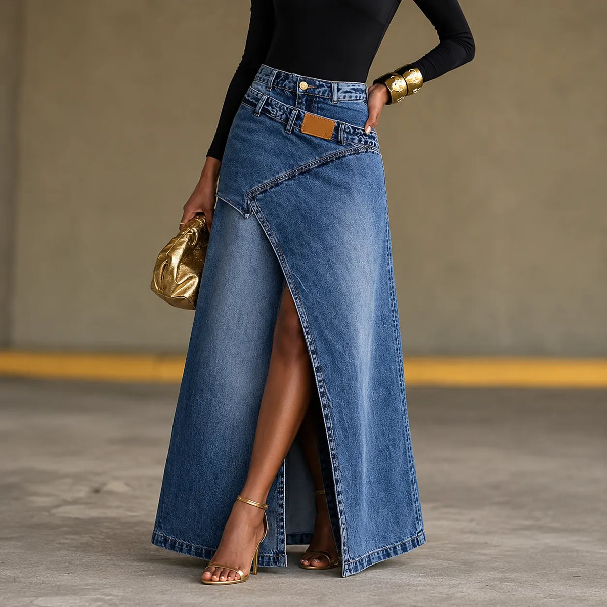 Saviera – Jupe maxi en denim asymétrique à couches avec fente avant haute