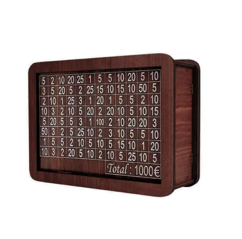 MoneyBank - Boîte à économies en bois gravée en euros