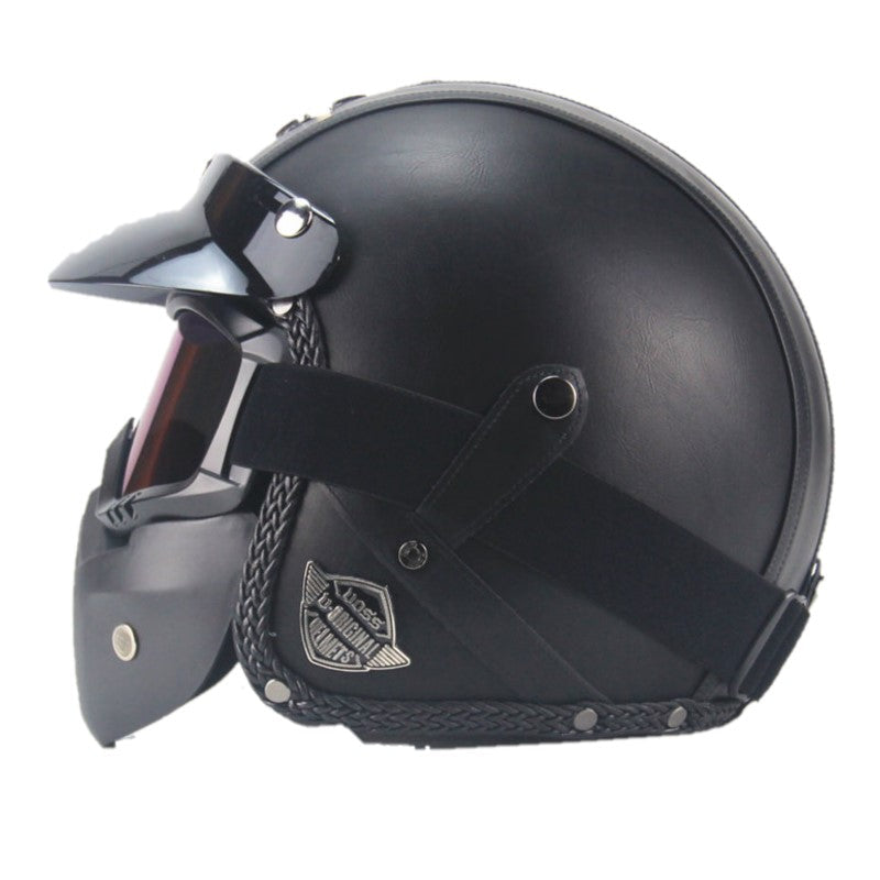 Casque de moto vintage en cuir PU avec visière, masque et lunettes