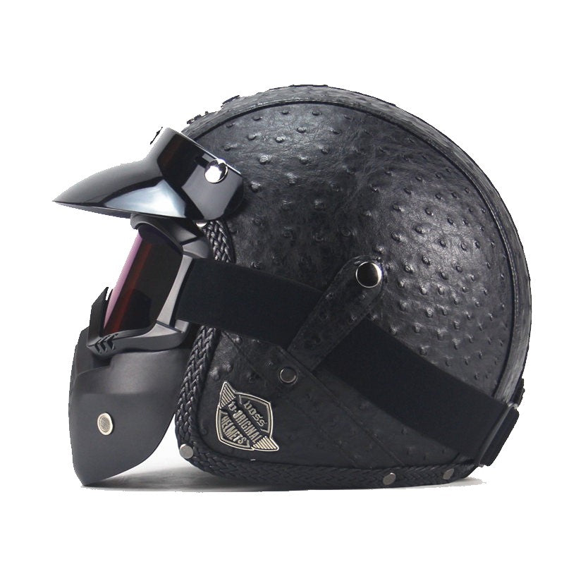 Casque de moto vintage en cuir PU avec visière, masque et lunettes