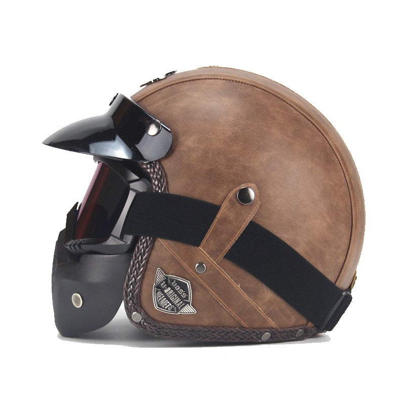 Casque de moto vintage en cuir PU avec visière, masque et lunettes