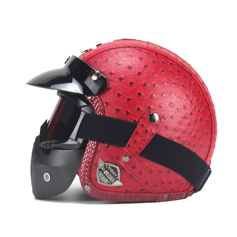 Casque de moto vintage en cuir PU avec visière, masque et lunettes