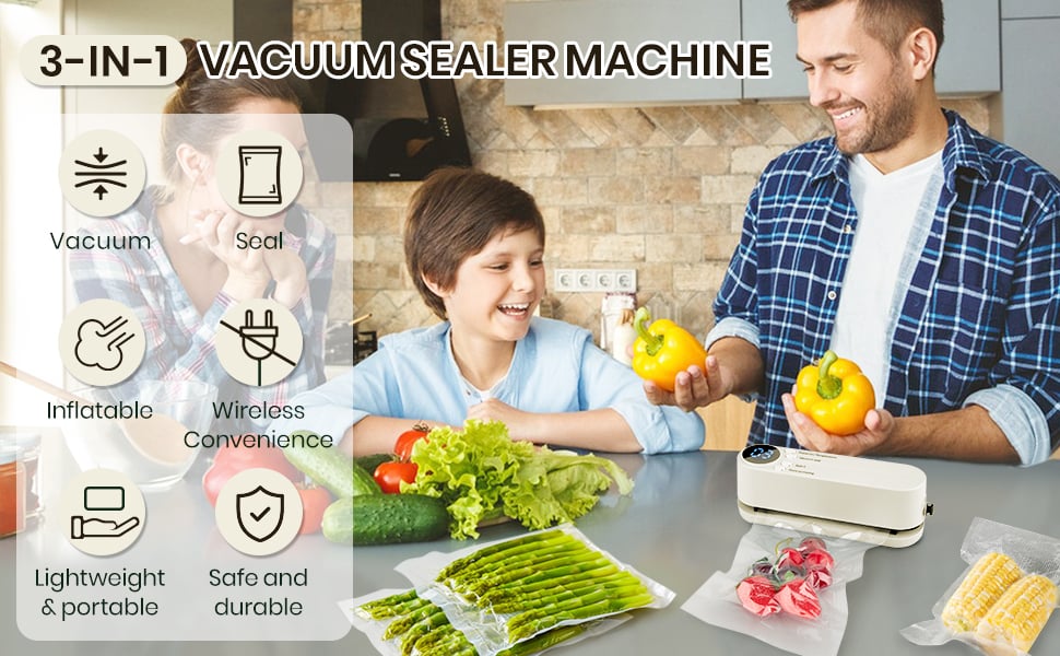 Scelleur de Vide Mini Sans Fil 3-en-1 - Gardez les Aliments Frais et Plus