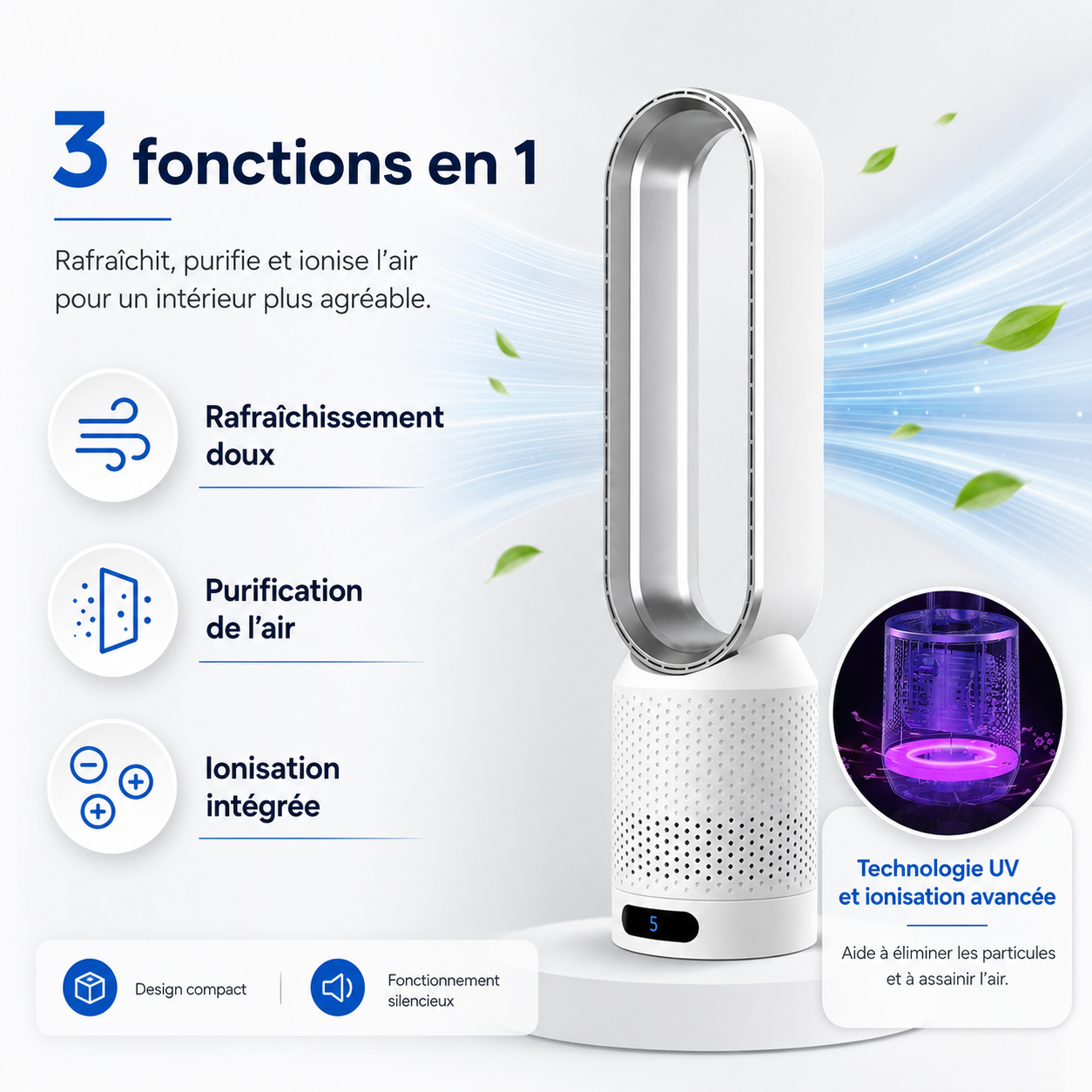 Refroidisseur d'air 3-en-1 | Purificateur d'air UV et Ionisateur