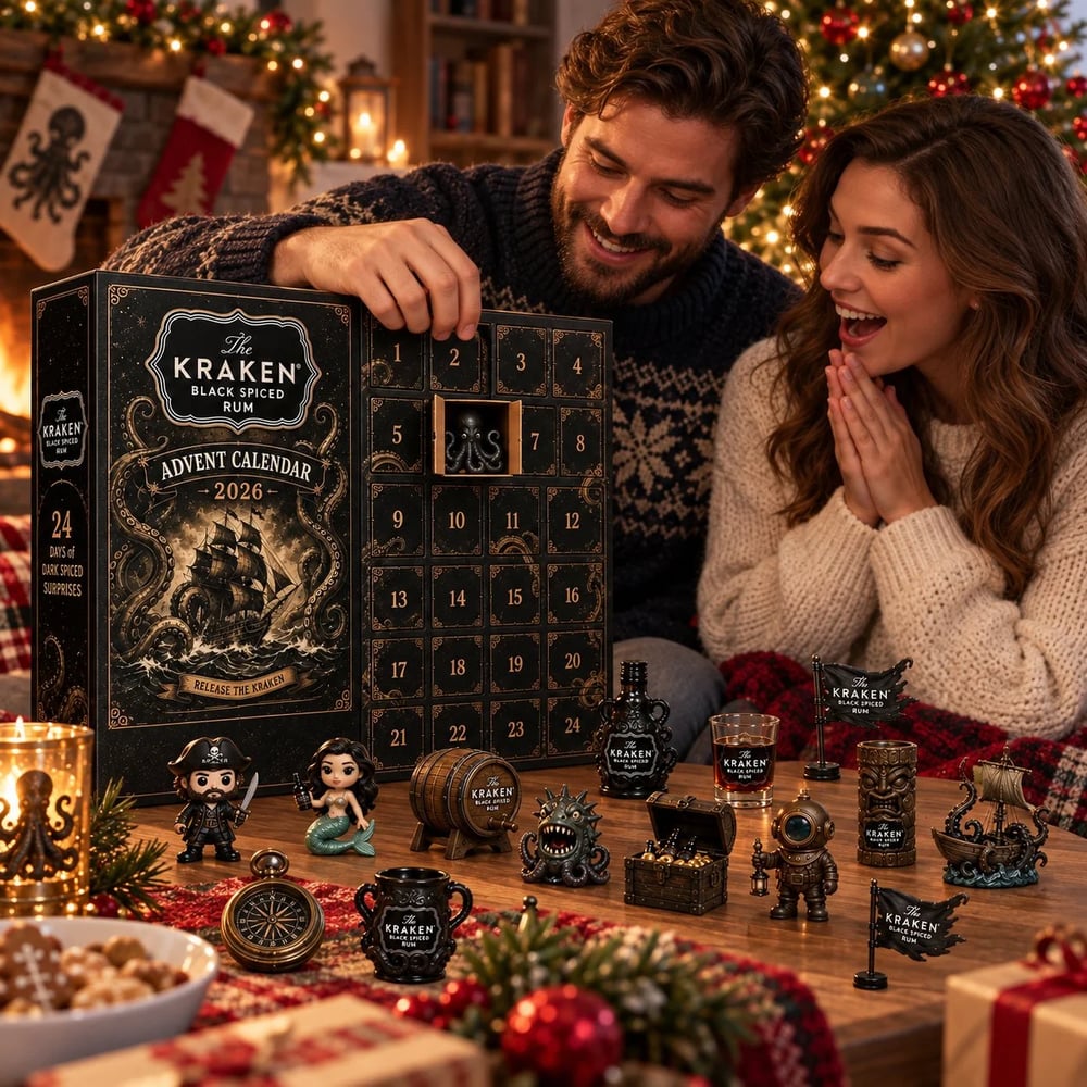 Calendrier de l'Avent en Mini Bouteille de Rhum Kraken de 24 Jours pour Affichage de Table de Bar de Fête, Cadeau Collectible pour Amateur de Rhum, Compte à Rebours de Noël & Décoration Festive