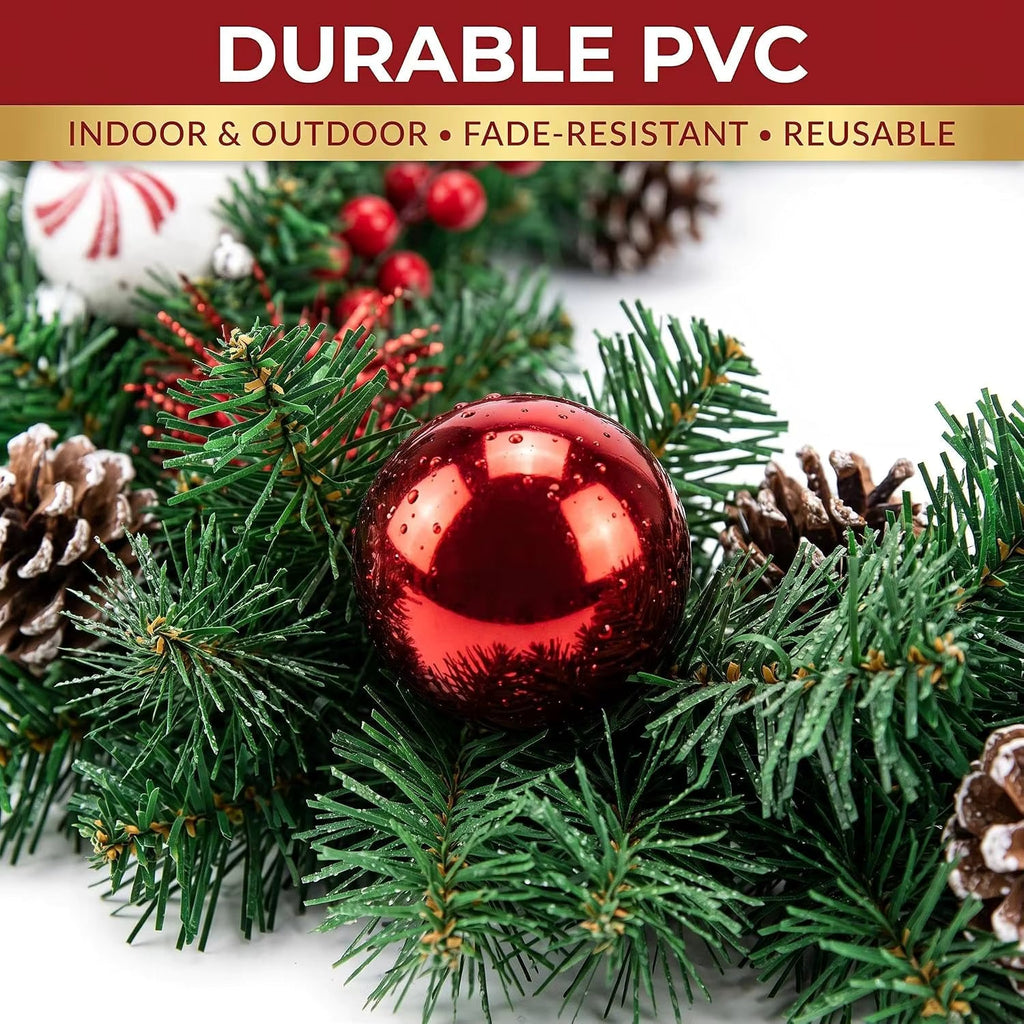 Guirlande de Noël Couvertes de Neige avec Cônes de Pin et Baies Rouges – Décoration de Noël Flexible