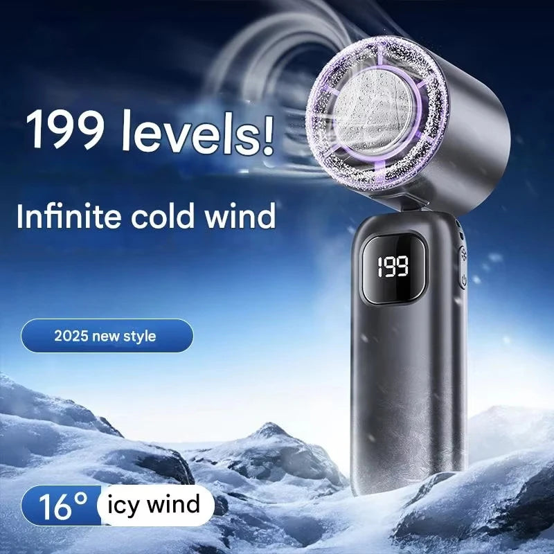 FrostTurbo Ventilateur à main avec fonction de refroidissement par glace | 199 niveaux réglables | Affichage numérique LED | Portable pour usage à la main et sur table | Batterie rechargeable USB | Idéal pour les voyages et à la maison