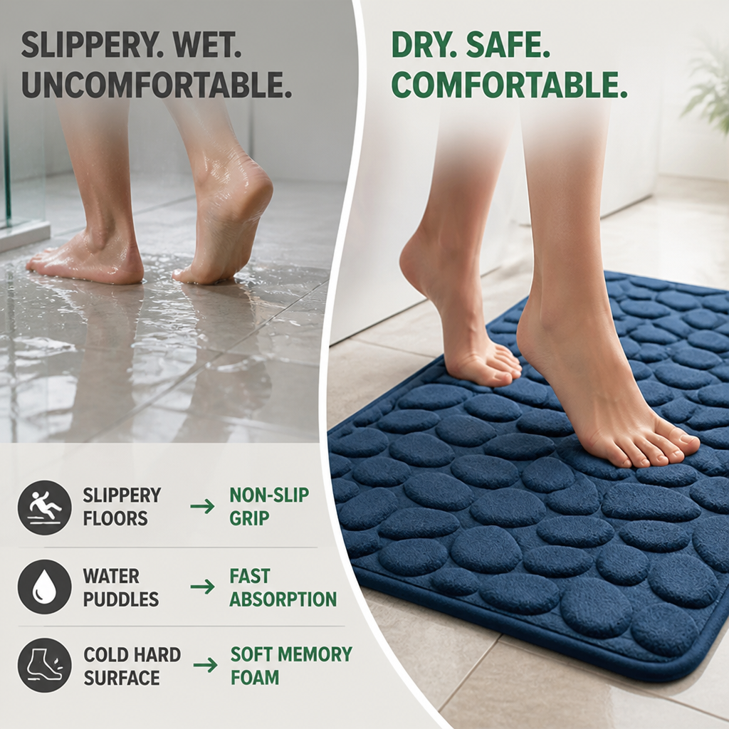 AquaLuxe™ Tapis de Bain en Mousse Mémoire — Entrez dans la Chaleur Instantanée et le Confort Antidérapant à Chaque Douche