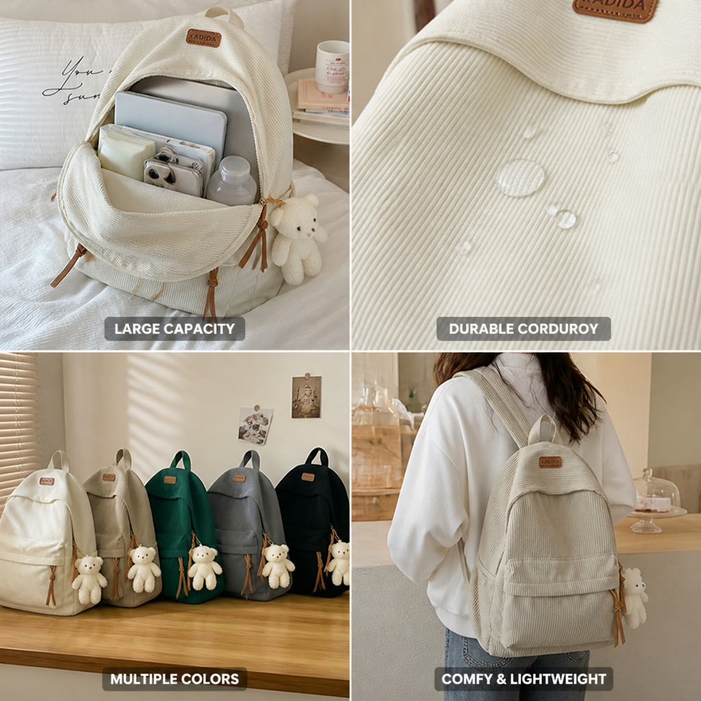 Sac à dos minimaliste en velours côtelé de grande capacité