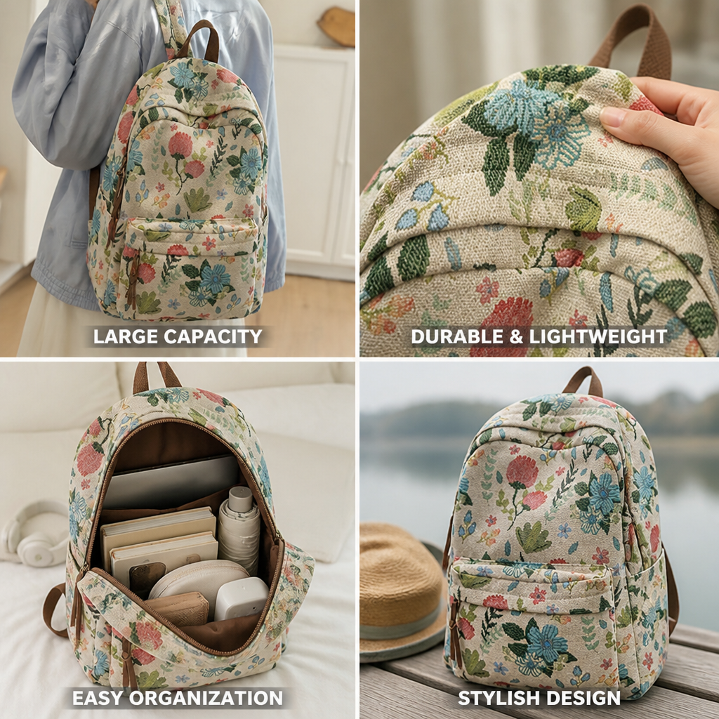 Sac à Dos Vintage Floral Grande Capacité (École & Voyage)