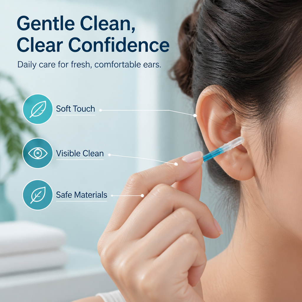 Bâtonnets de soin des oreilles ClearSense™ — Découvrez un nettoyage doux et visible qui garde vos oreilles fraîches et confiantes chaque jour