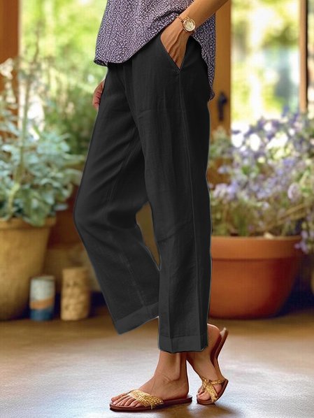 Pantalon en Lin Aéré pour Femmes avec Taille Haute et Poches